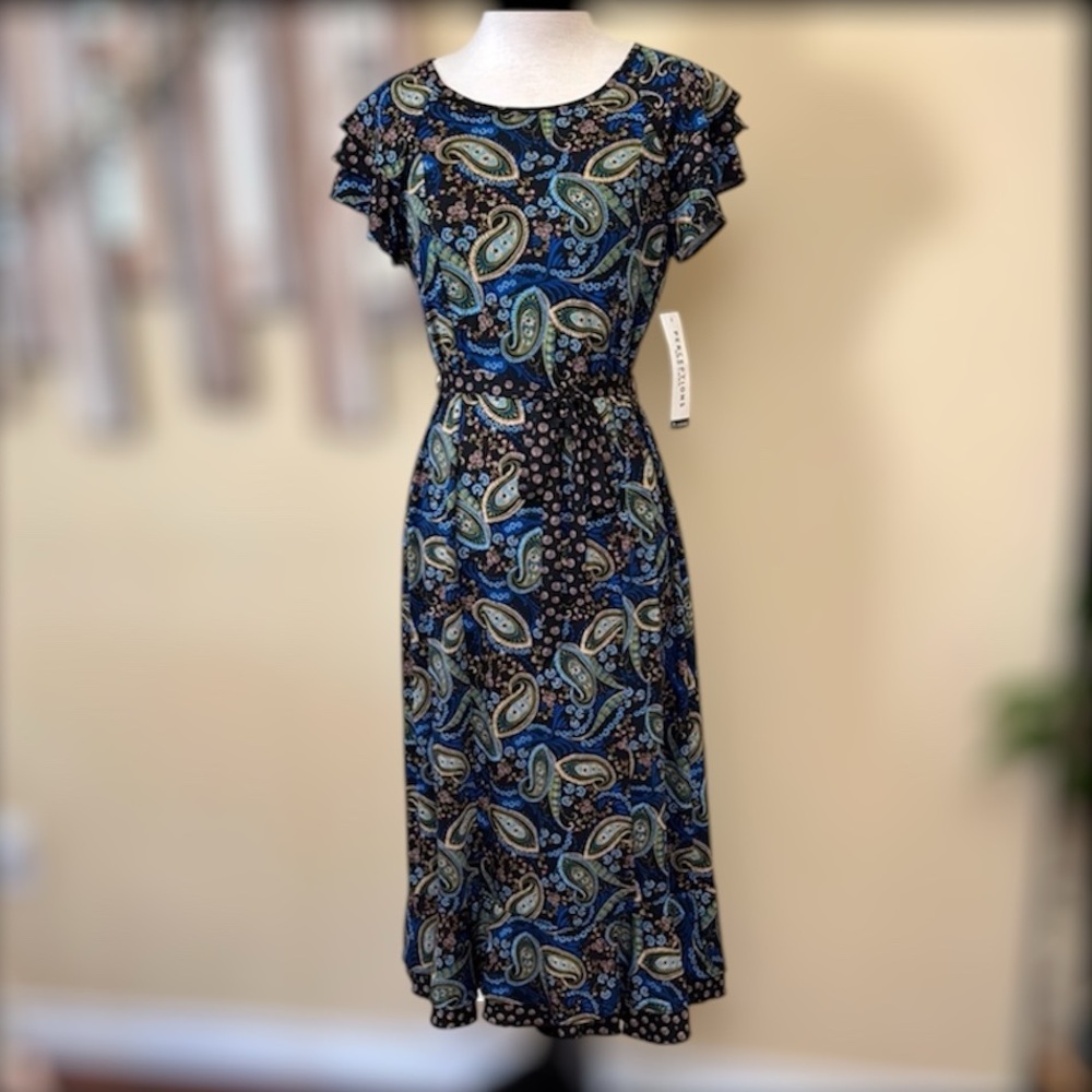 Perceptions Petite Paisley Print Tie Waist Dress Tiered Sleeves & Hem Size Large